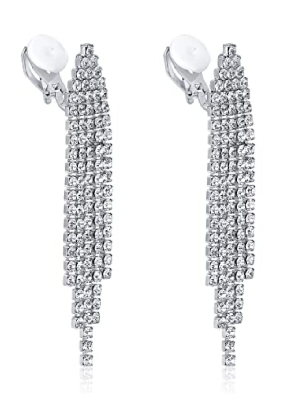 Bridesmaid Wedding Paty Tassel Rhione Clip On Drop Dangling Ears Silver